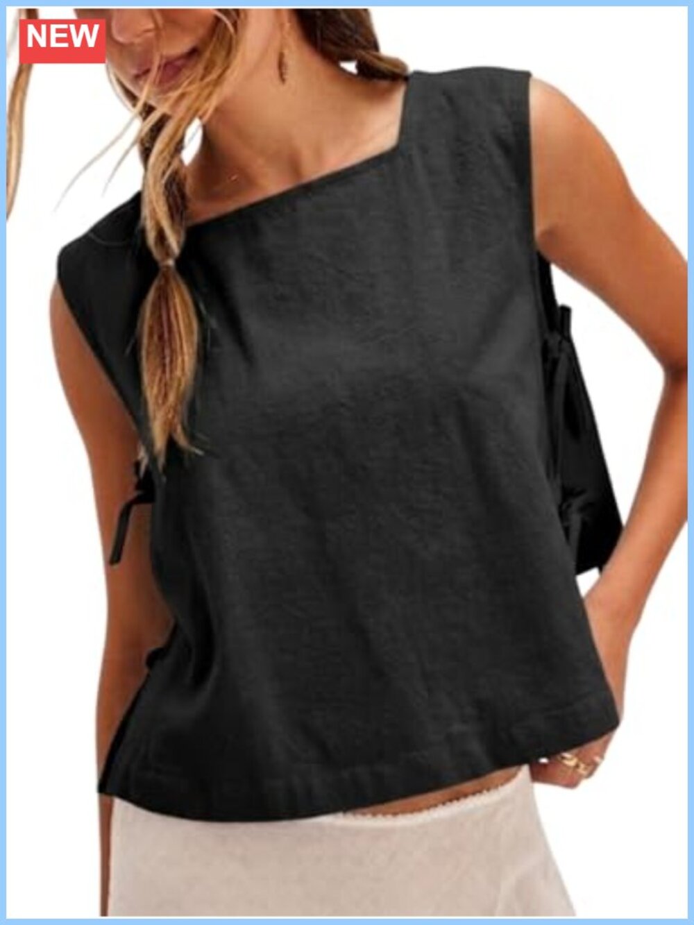 Women Linen Tank Top Side Ties Square Neck Loose Fit Crop Boho